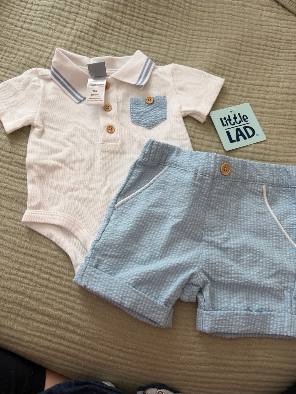 Little Lad White & Light Blue Baby Polo Romper and Shorts Set